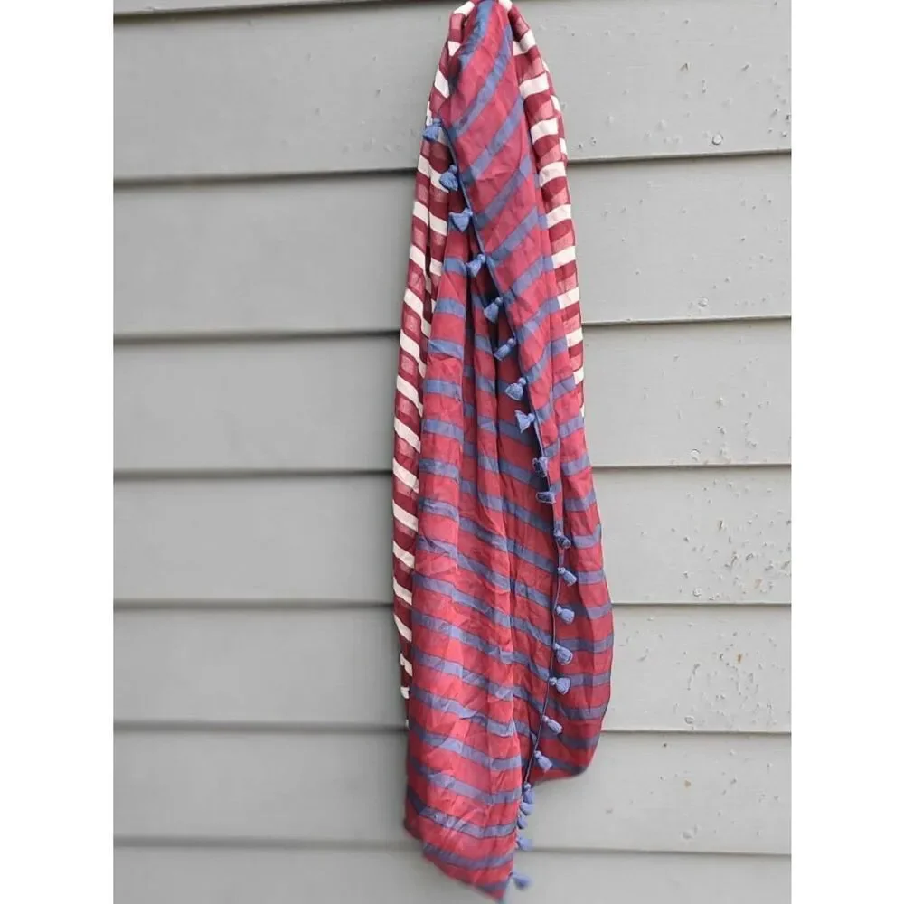 Burgundy Blue White Stripe Infinity Scarf with Fringe